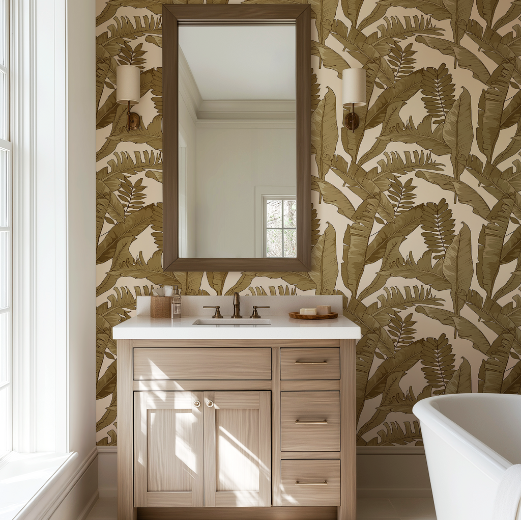 Tropical Gold Leaves Wallpaper in Ivory, Tropical Botanical Peel and Stick Wallpaper, Ivory Palm Leaf Wallpaper, Coastal Wall Decor, Removable Wallpaper