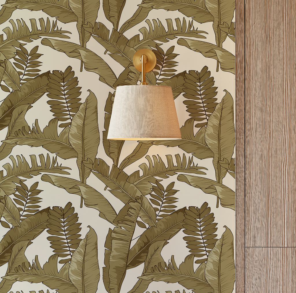 Tropical Gold Leaves Wallpaper in Ivory, Tropical Botanical Peel and Stick Wallpaper, Ivory Palm Leaf Wallpaper, Coastal Wall Decor, Removable Wallpaper