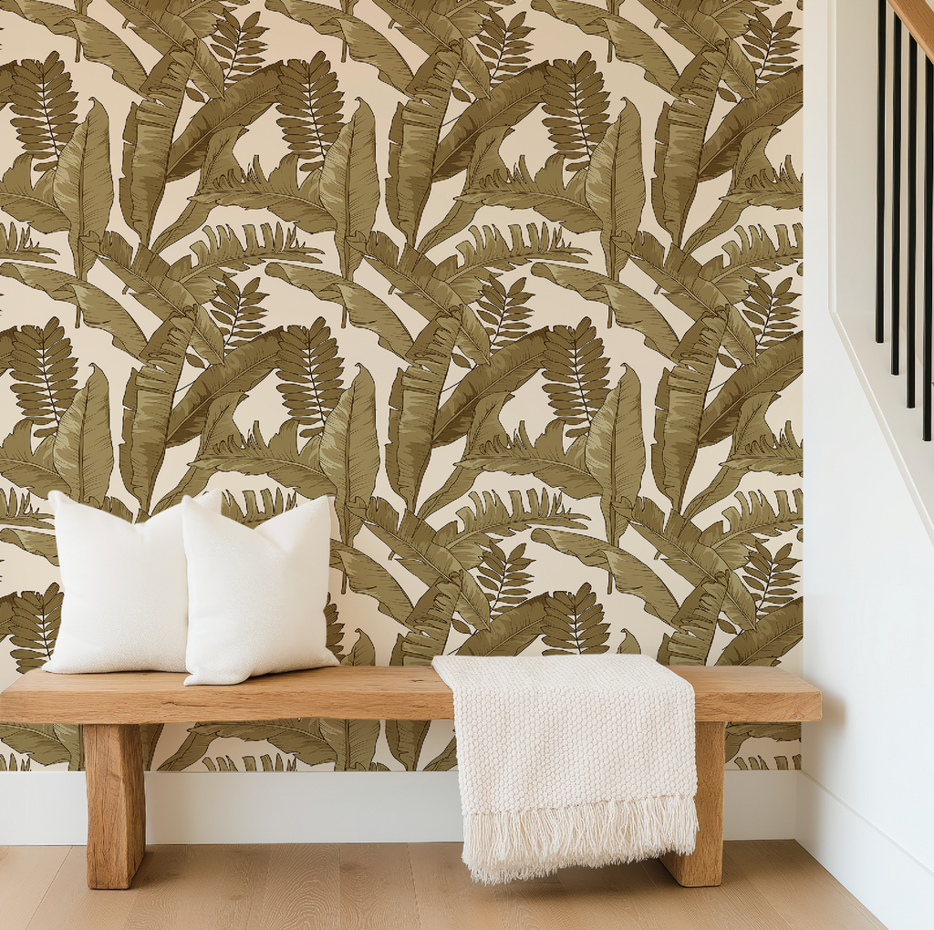 Tropical Gold Leaves Wallpaper in Ivory, Tropical Botanical Peel and Stick Wallpaper, Ivory Palm Leaf Wallpaper, Coastal Wall Decor, Removable Wallpaper
