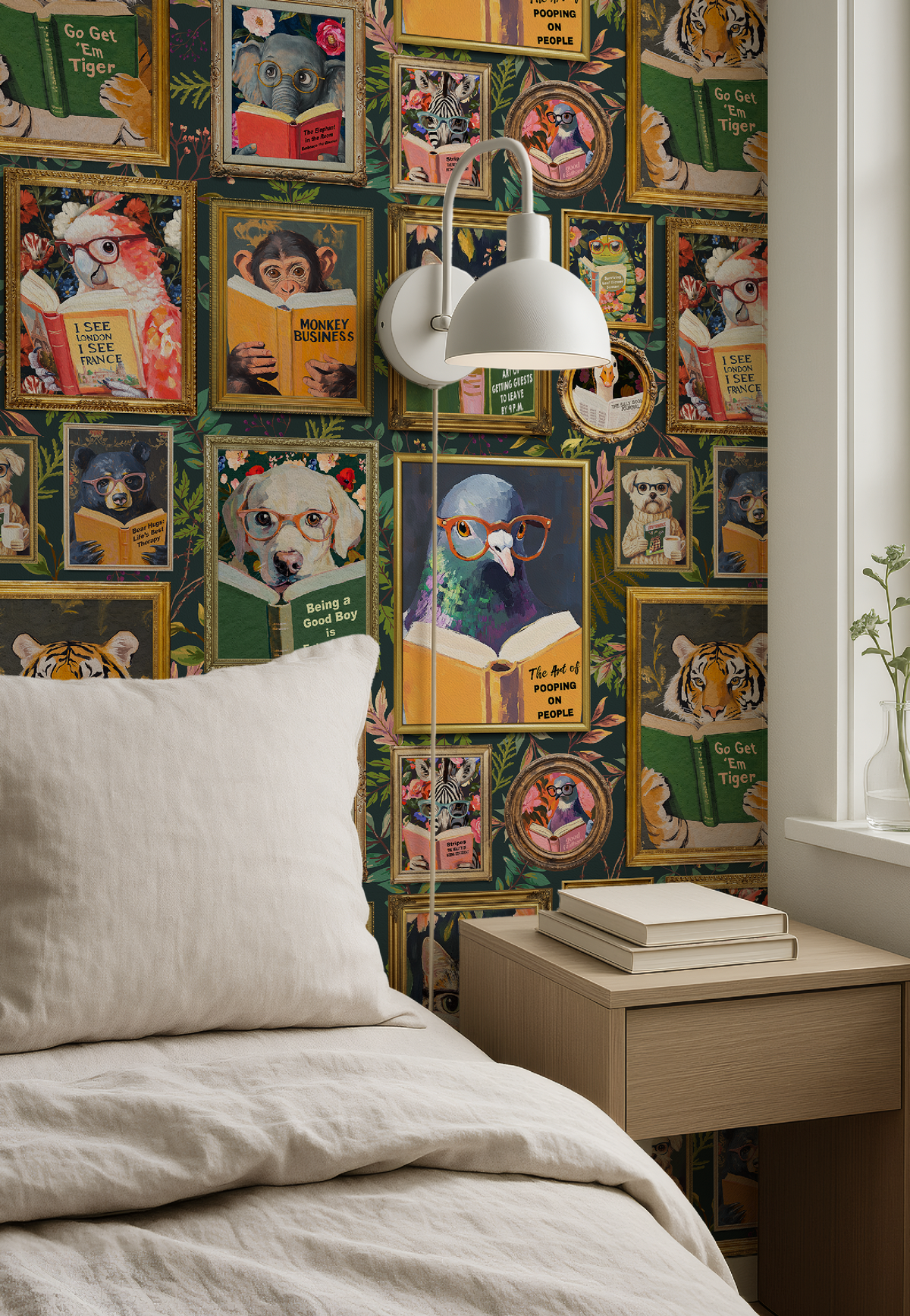 Whimsical Animals Reading Wallpaper Version 2 - Cabin Florals Green