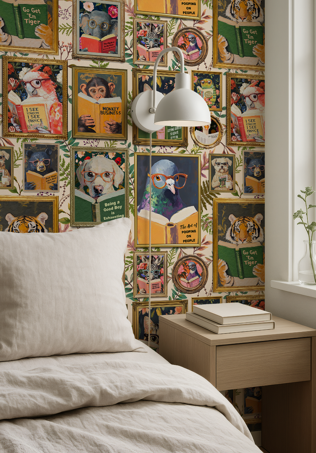Whimsical Animals Reading Wallpaper - Version 2 - Cabin Florals Ivory