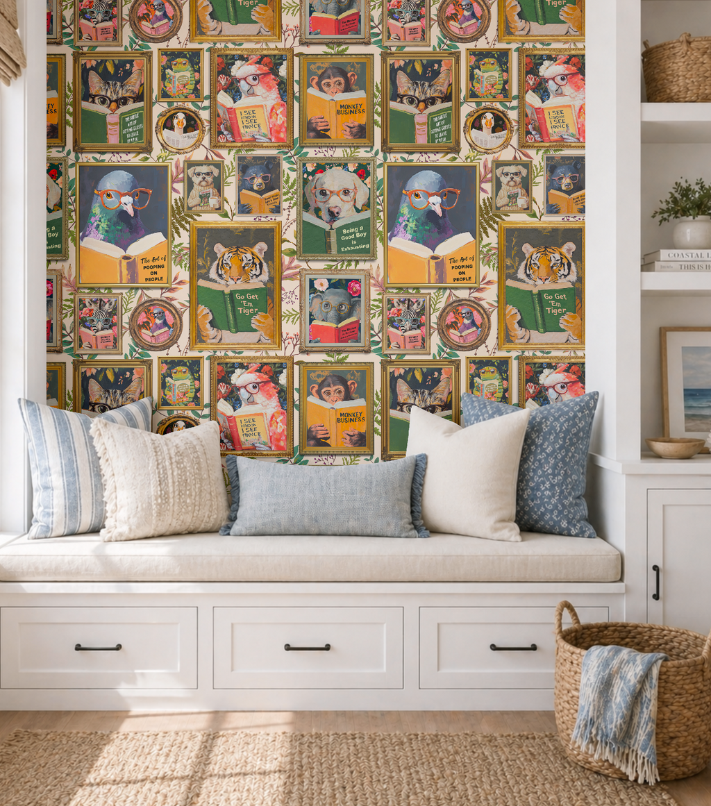 Whimsical Animals Reading Wallpaper - Version 2 - Cabin Florals Ivory