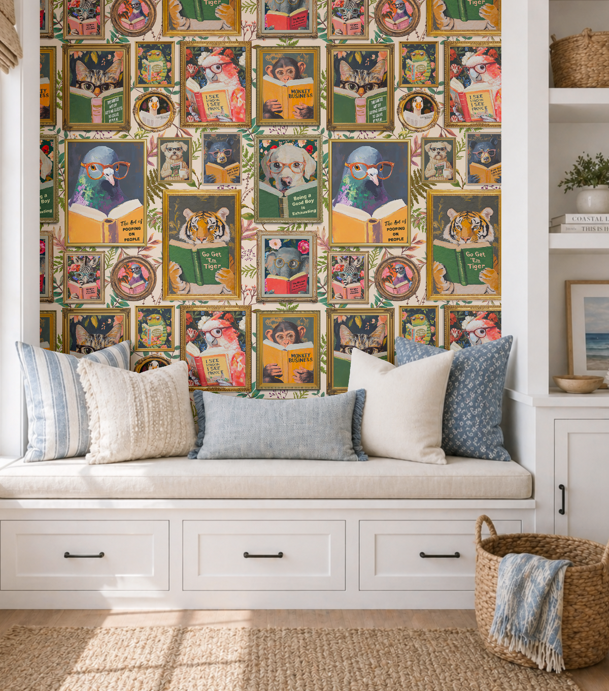 Whimsical Animals Reading Wallpaper - Version 2 - Cabin Florals Ivory