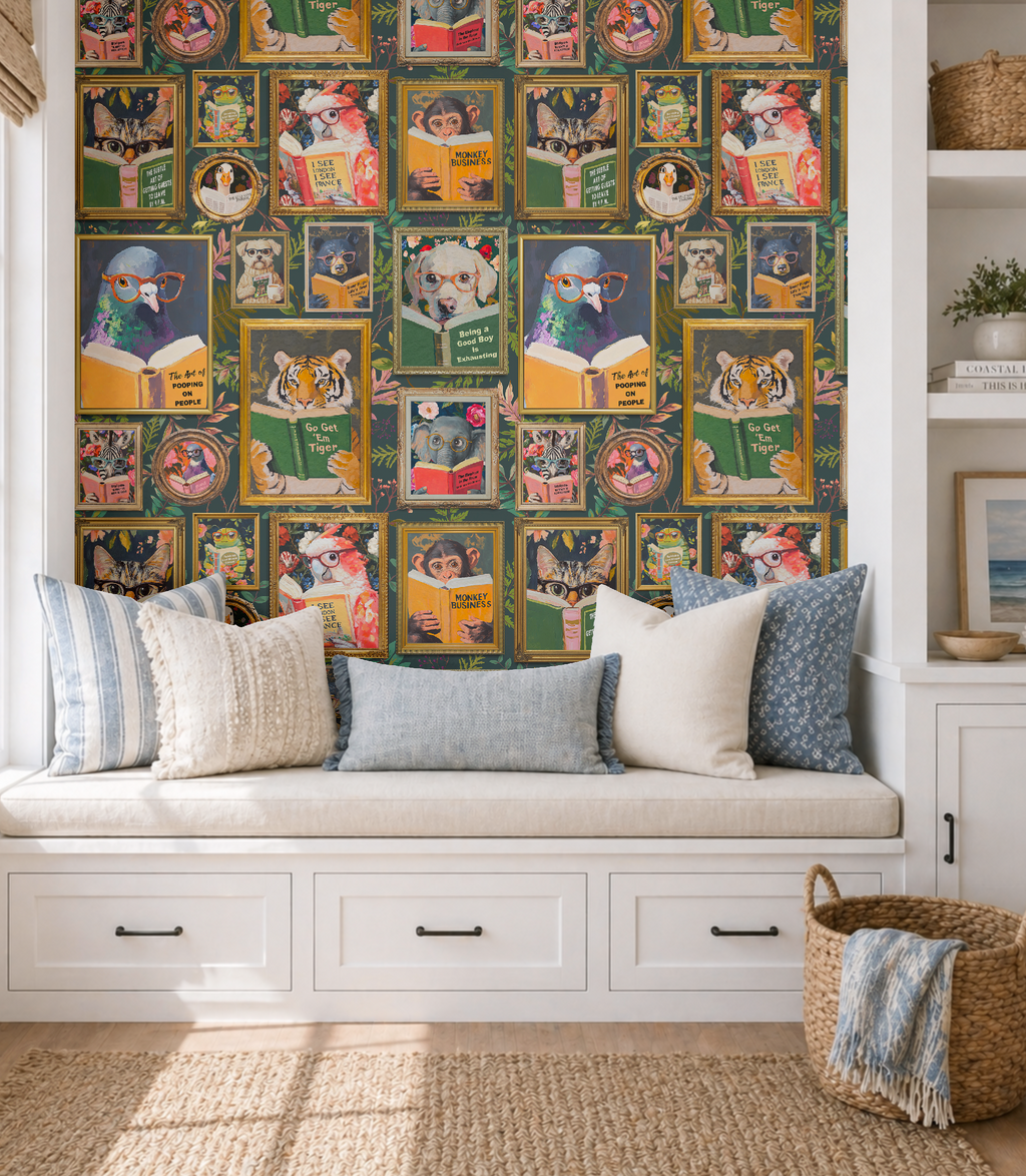 Whimsical Animals Reading Wallpaper Version 2 - Cabin Florals Green