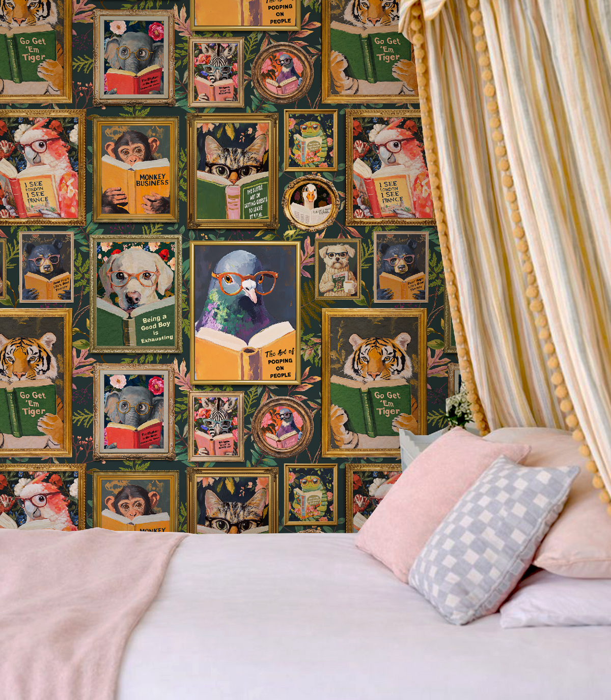Whimsical Animals Reading Wallpaper Version 2 - Cabin Florals Green