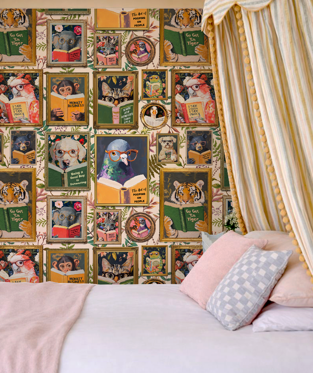 Whimsical Animals Reading Wallpaper - Version 2 - Cabin Florals Ivory