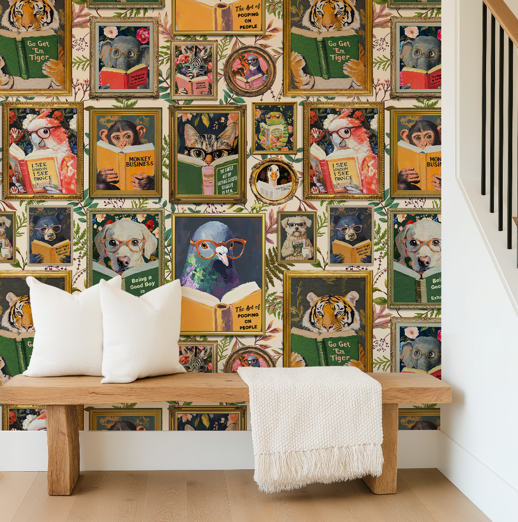 Whimsical Animals Reading Wallpaper - Version 2 - Cabin Florals Ivory