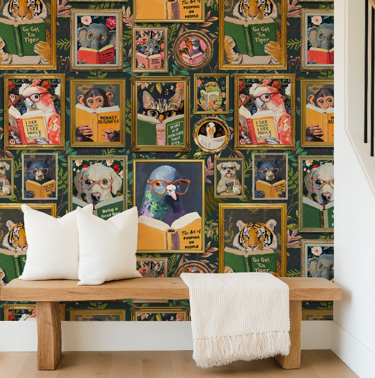 Whimsical Animals Reading Wallpaper Version 2 - Cabin Florals Green
