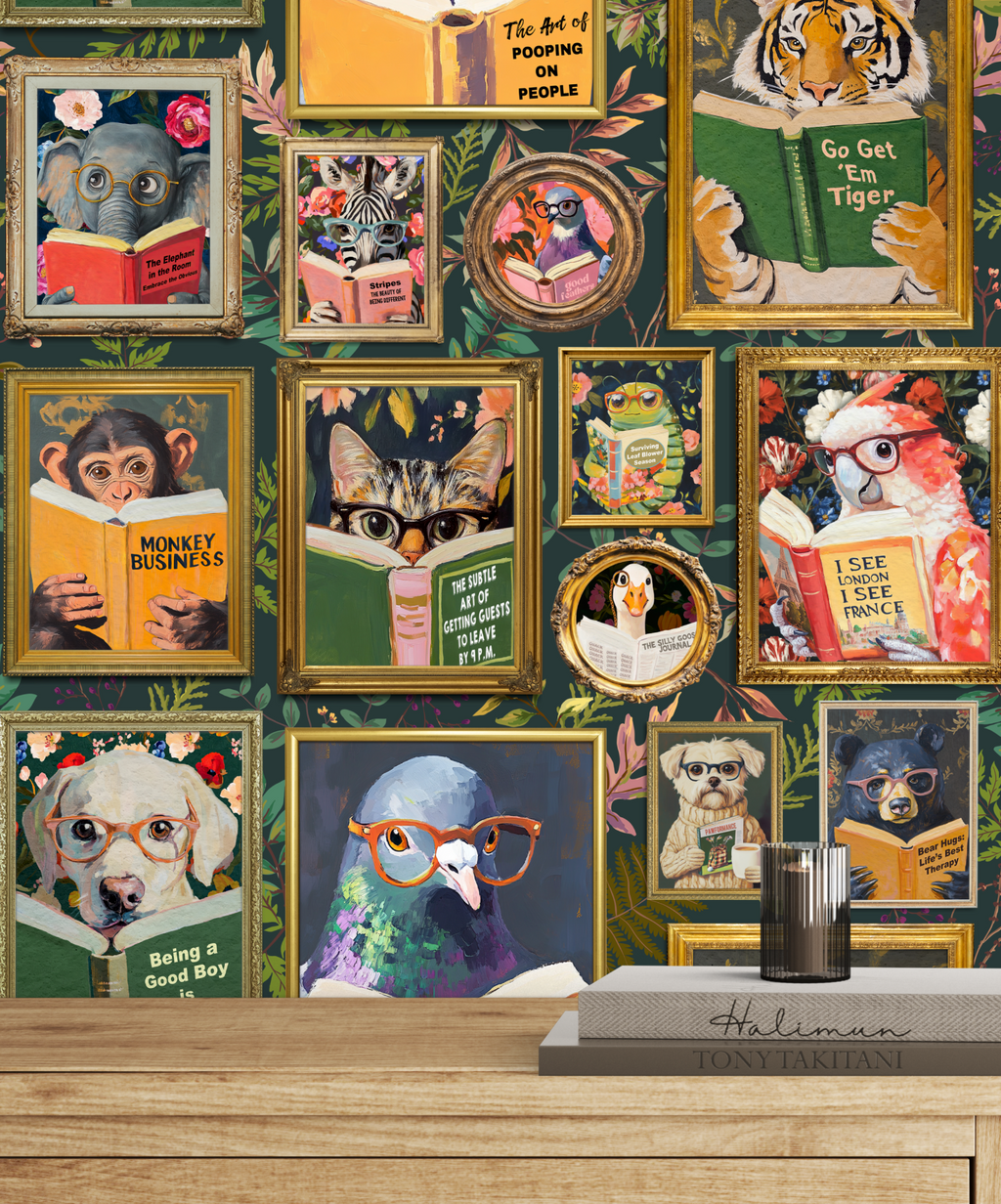 Whimsical Animals Reading Wallpaper Version 2 - Cabin Florals Green