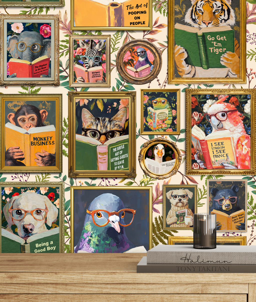 Whimsical Animals Reading Wallpaper - Version 2 - Cabin Florals Ivory