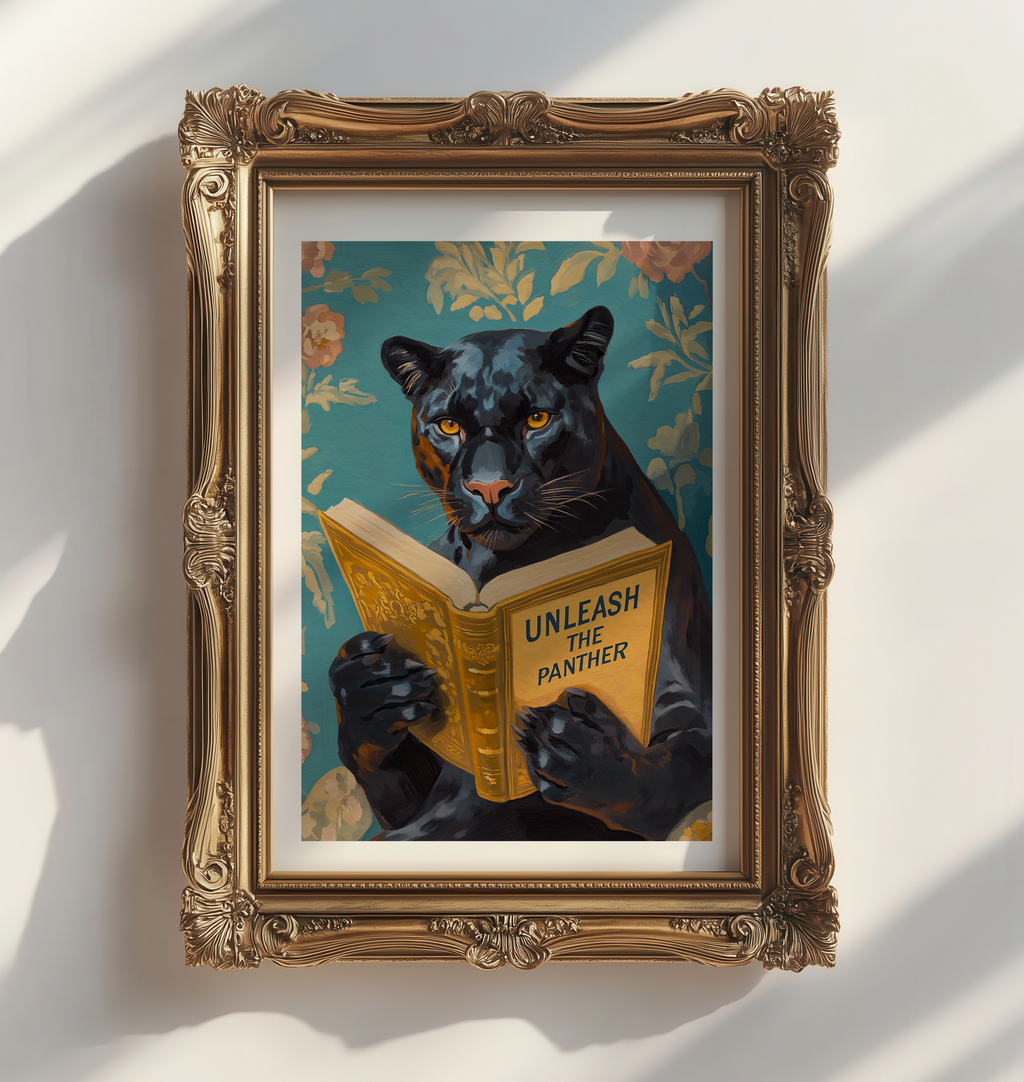 Panther Wall Art, Unleash the Panther Reading Book Print, Whimsical Animal Artwork, School Spirit Decor, Motivational Art