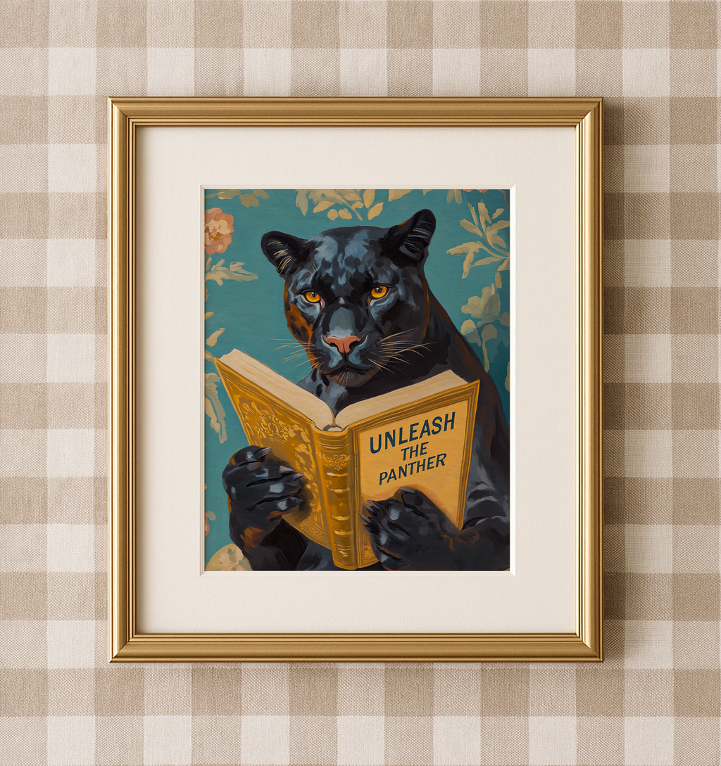 Panther Wall Art, Unleash the Panther Reading Book Print, Whimsical Animal Artwork, School Spirit Decor, Motivational Art