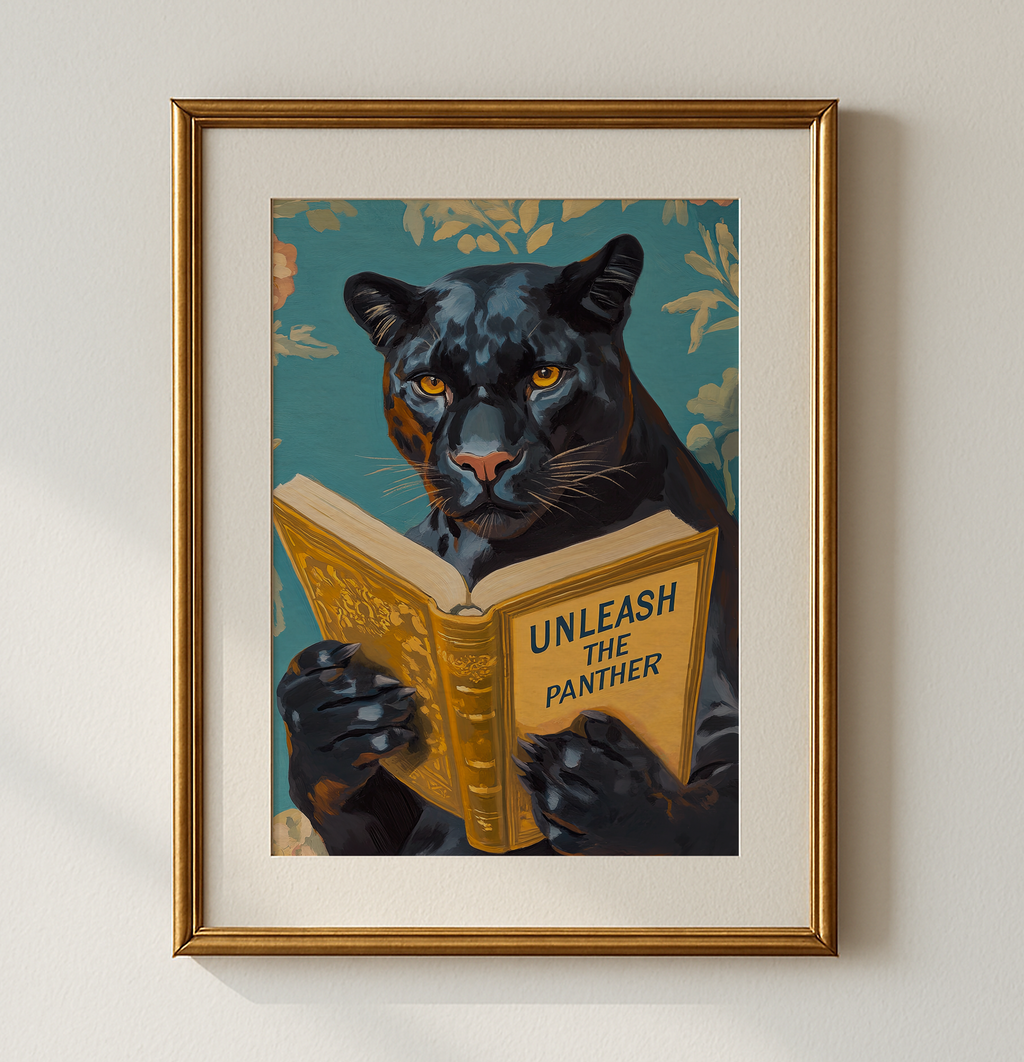 Panther Wall Art, Unleash the Panther Reading Book Print, Whimsical Animal Artwork, School Spirit Decor, Motivational Art