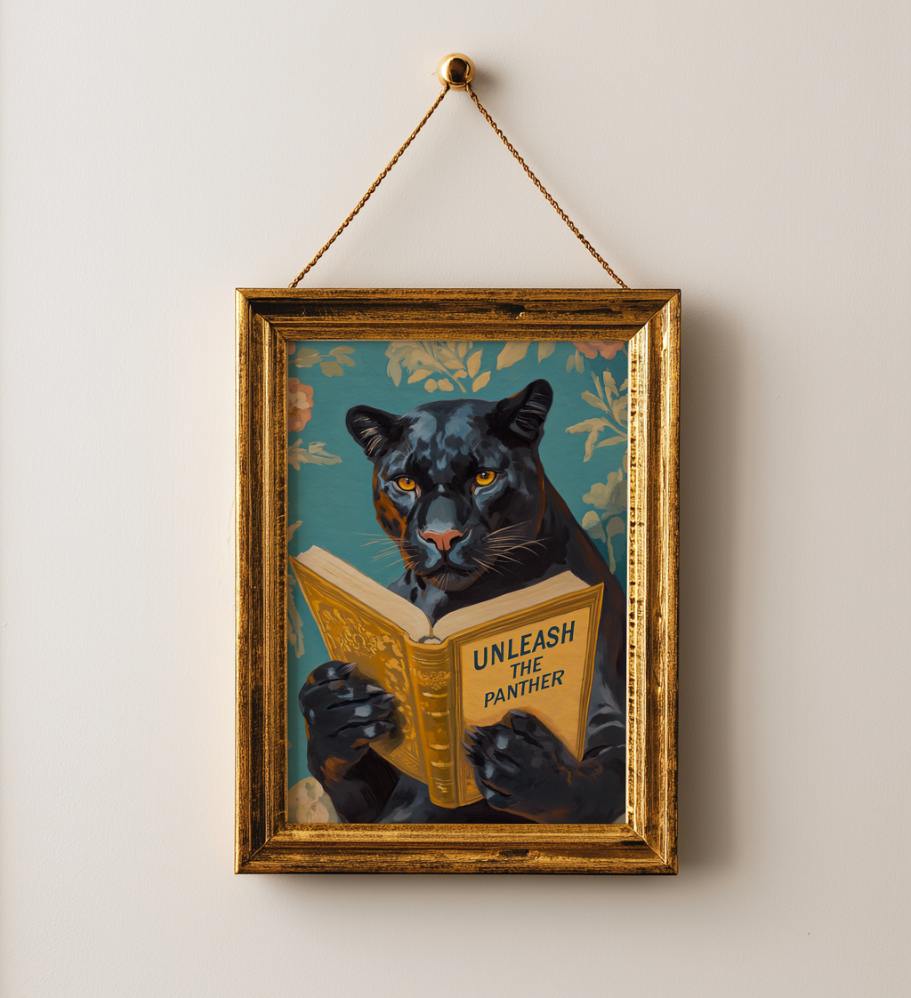Panther Wall Art, Unleash the Panther Reading Book Print, Whimsical Animal Artwork, School Spirit Decor, Motivational Art