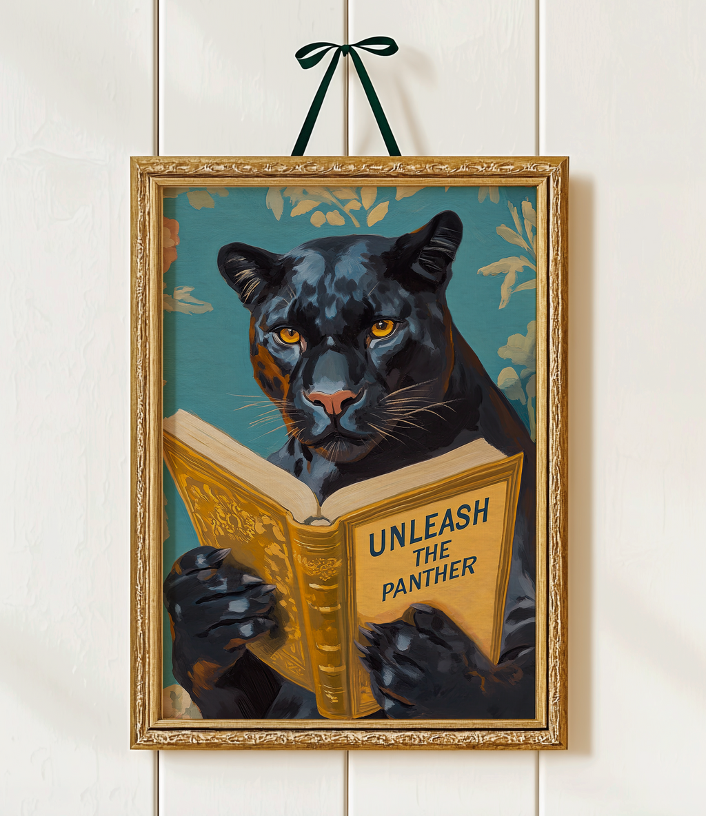 Panther Wall Art, Unleash the Panther Reading Book Print, Whimsical Animal Artwork, School Spirit Decor, Motivational Art