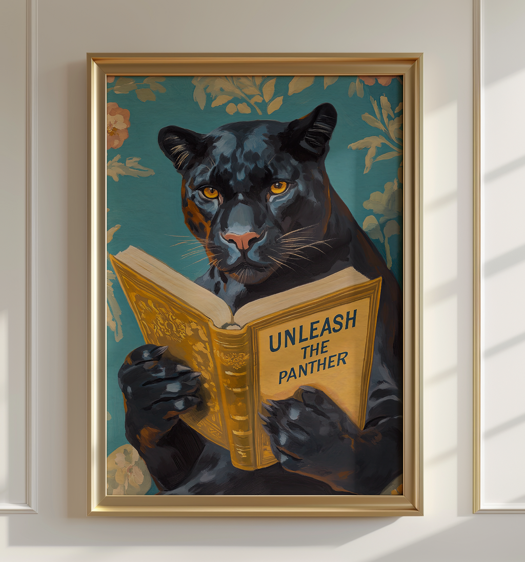 Panther Wall Art, Unleash the Panther Reading Book Print, Whimsical Animal Artwork, School Spirit Decor, Motivational Art