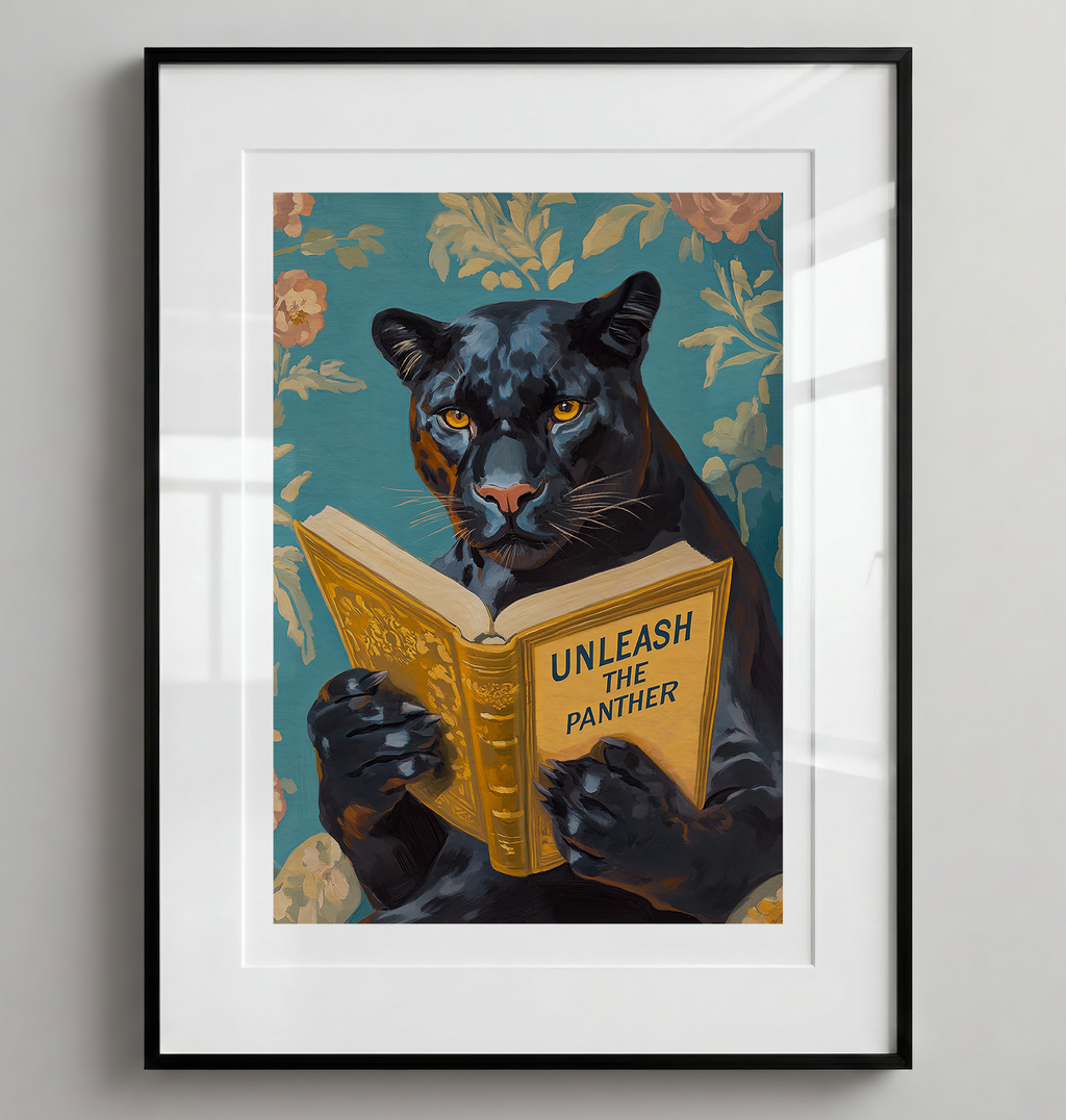 Panther Wall Art, Unleash the Panther Reading Book Print, Whimsical Animal Artwork, School Spirit Decor, Motivational Art