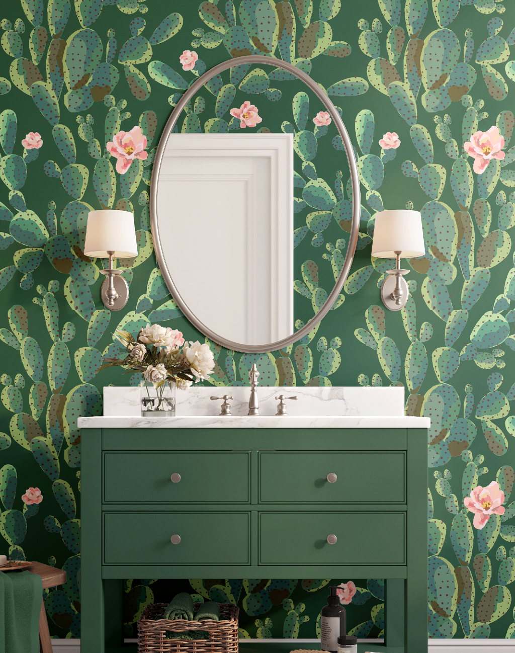 Cactus Trellis in Green Wallpaper, Green Southwestern Peel and Stick Wallpaper, Desert Botanical Wallpaper, Western Wall Decor, Removable Wallpaper