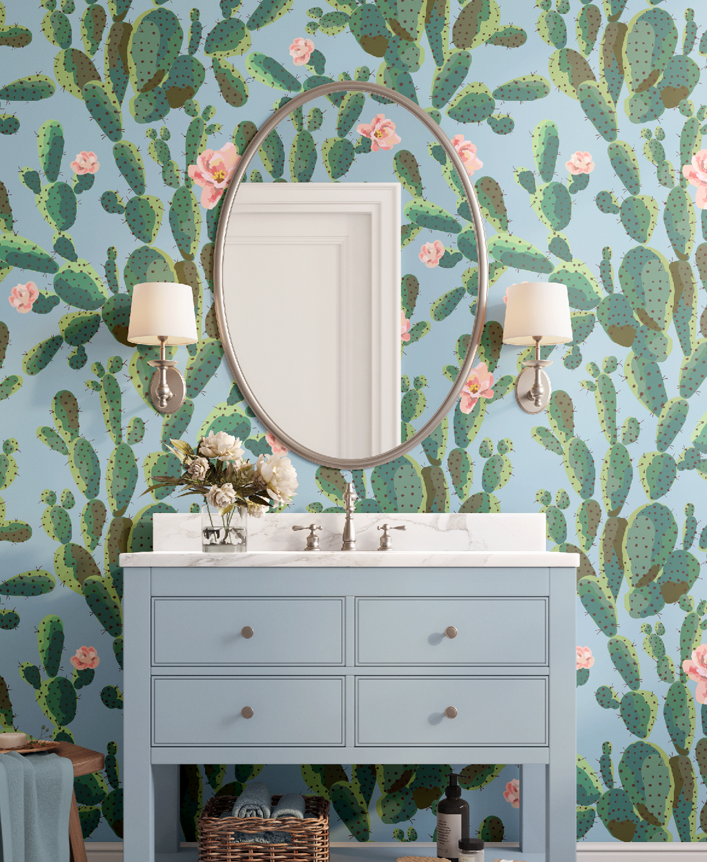 Cactus Trellis in Blue Wallpaper, Blue Southwestern Peel and Stick Wallpaper, Desert Botanical Wallpaper, Western Wall Decor, Removable Wallpaper