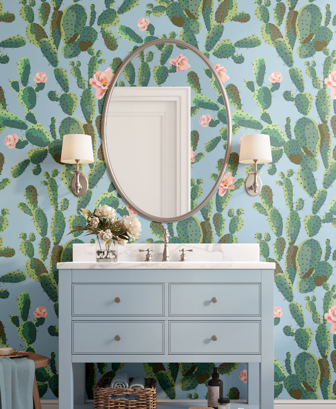 Cactus Trellis in Blue Wallpaper, Blue Southwestern Peel and Stick Wallpaper, Desert Botanical Wallpaper, Western Wall Decor, Removable Wallpaper