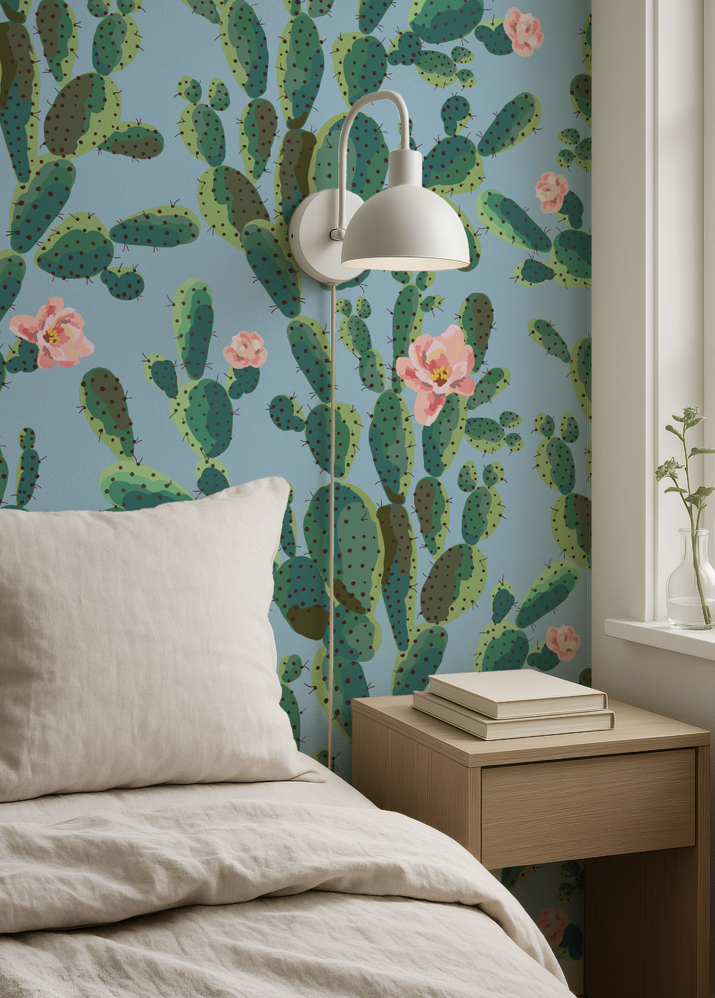 Cactus Trellis in Blue Wallpaper, Blue Southwestern Peel and Stick Wallpaper, Desert Botanical Wallpaper, Western Wall Decor, Removable Wallpaper