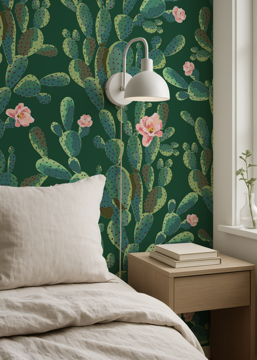 Cactus Trellis in Green Wallpaper, Green Southwestern Peel and Stick Wallpaper, Desert Botanical Wallpaper, Western Wall Decor, Removable Wallpaper