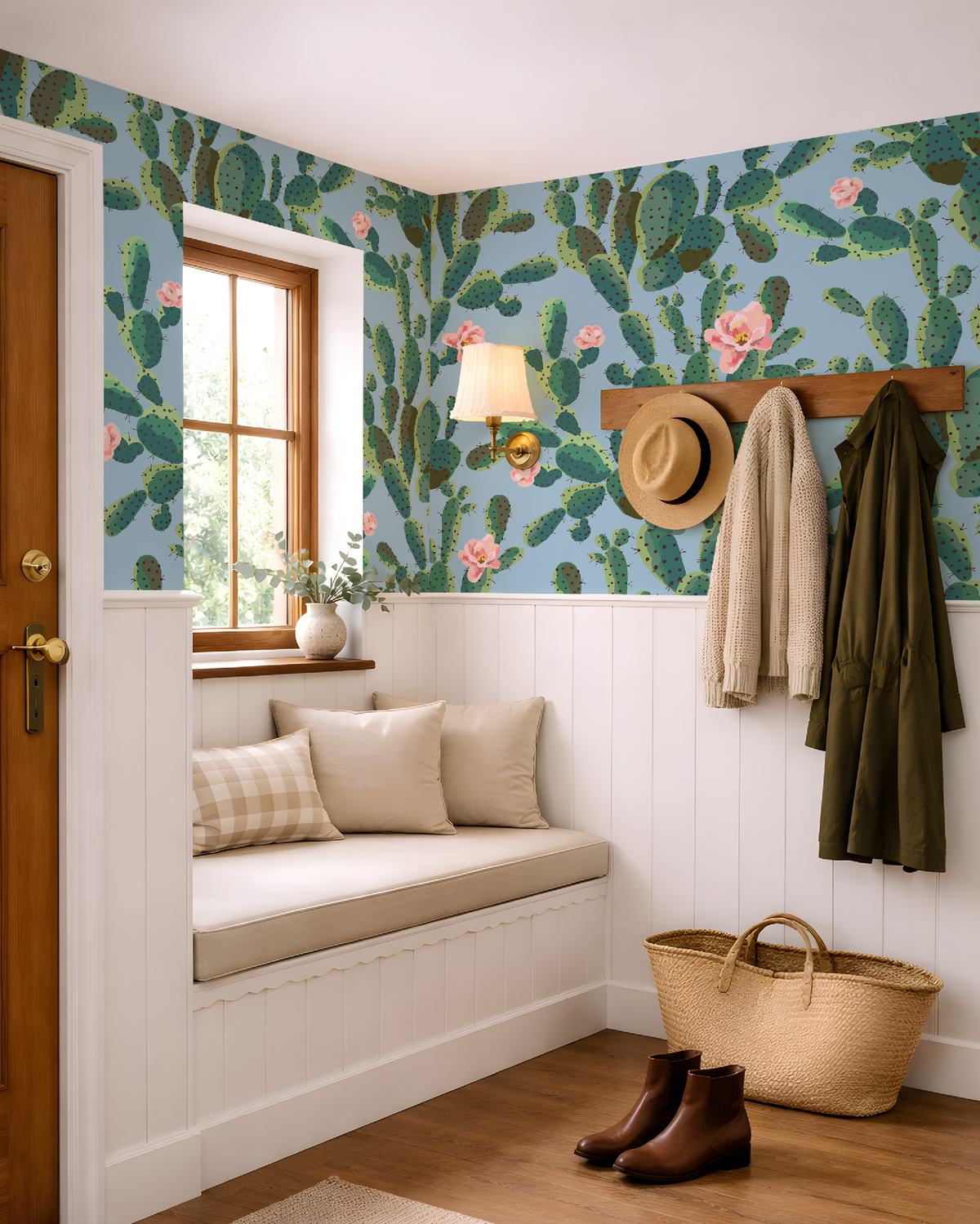 Cactus Trellis in Blue Wallpaper, Blue Southwestern Peel and Stick Wallpaper, Desert Botanical Wallpaper, Western Wall Decor, Removable Wallpaper