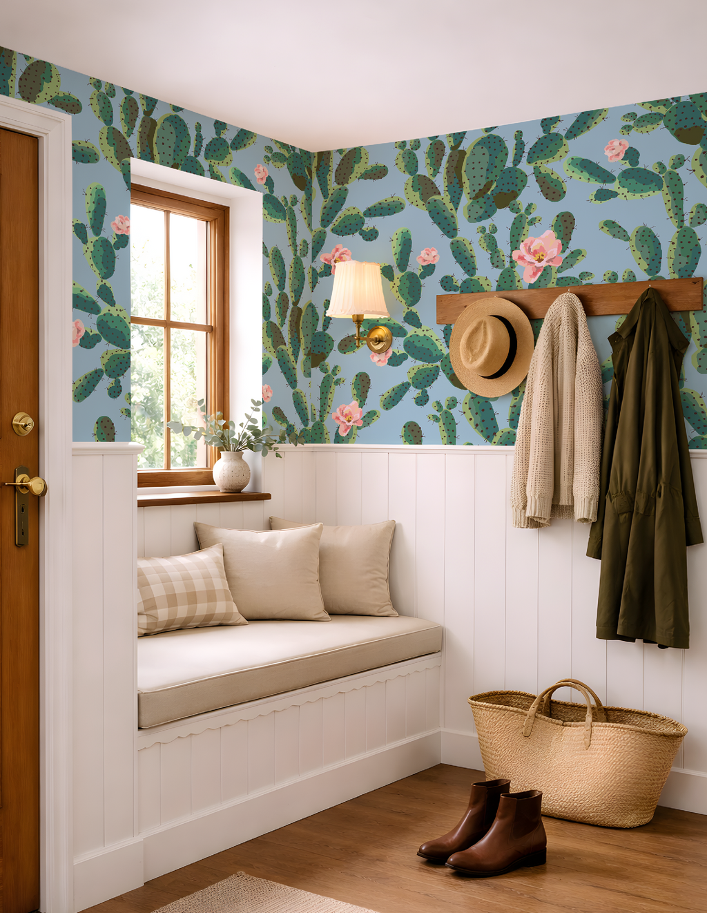 Cactus Trellis in Blue Wallpaper, Blue Southwestern Peel and Stick Wallpaper, Desert Botanical Wallpaper, Western Wall Decor, Removable Wallpaper