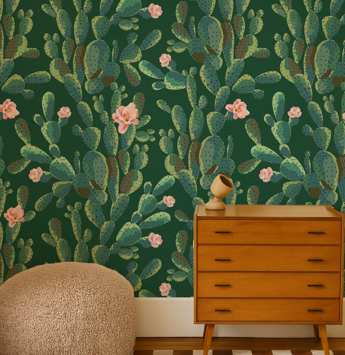 Cactus Trellis in Green Wallpaper, Green Southwestern Peel and Stick Wallpaper, Desert Botanical Wallpaper, Western Wall Decor, Removable Wallpaper