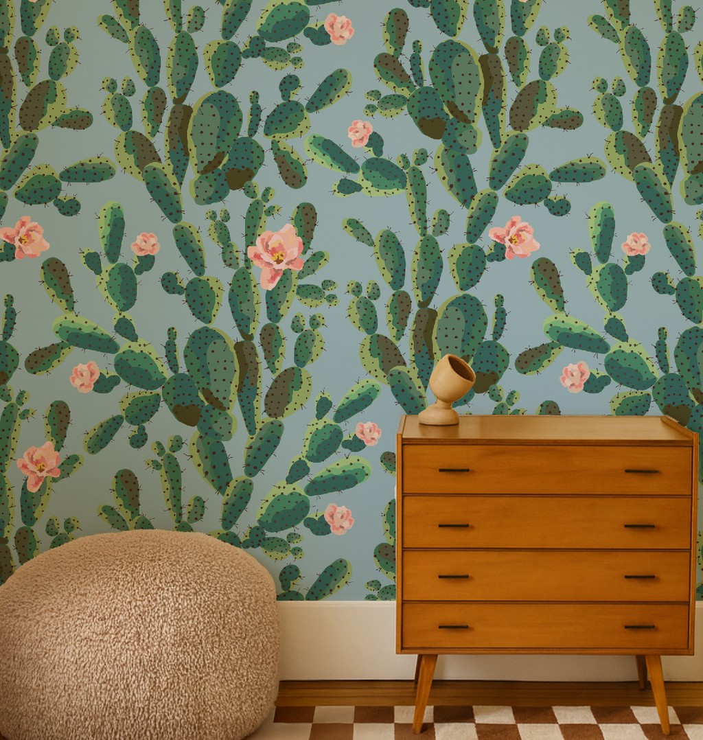 Cactus Trellis in Blue Wallpaper, Blue Southwestern Peel and Stick Wallpaper, Desert Botanical Wallpaper, Western Wall Decor, Removable Wallpaper