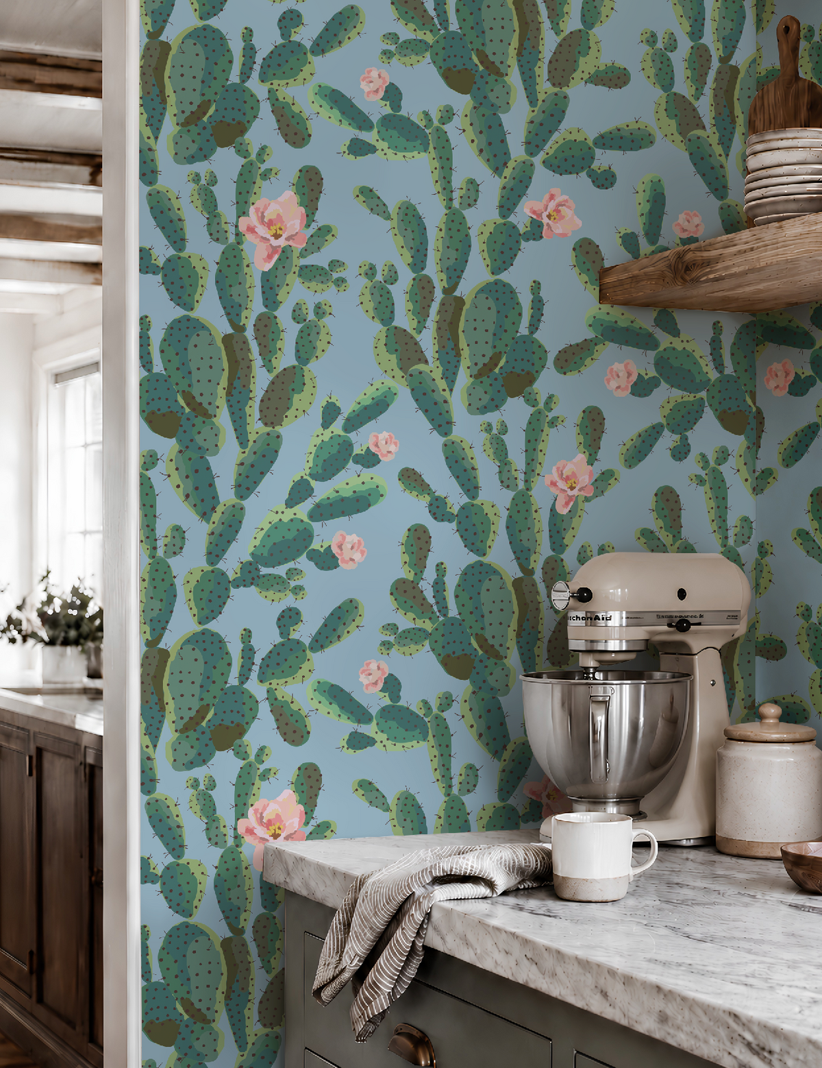 Cactus Trellis in Blue Wallpaper, Blue Southwestern Peel and Stick Wallpaper, Desert Botanical Wallpaper, Western Wall Decor, Removable Wallpaper