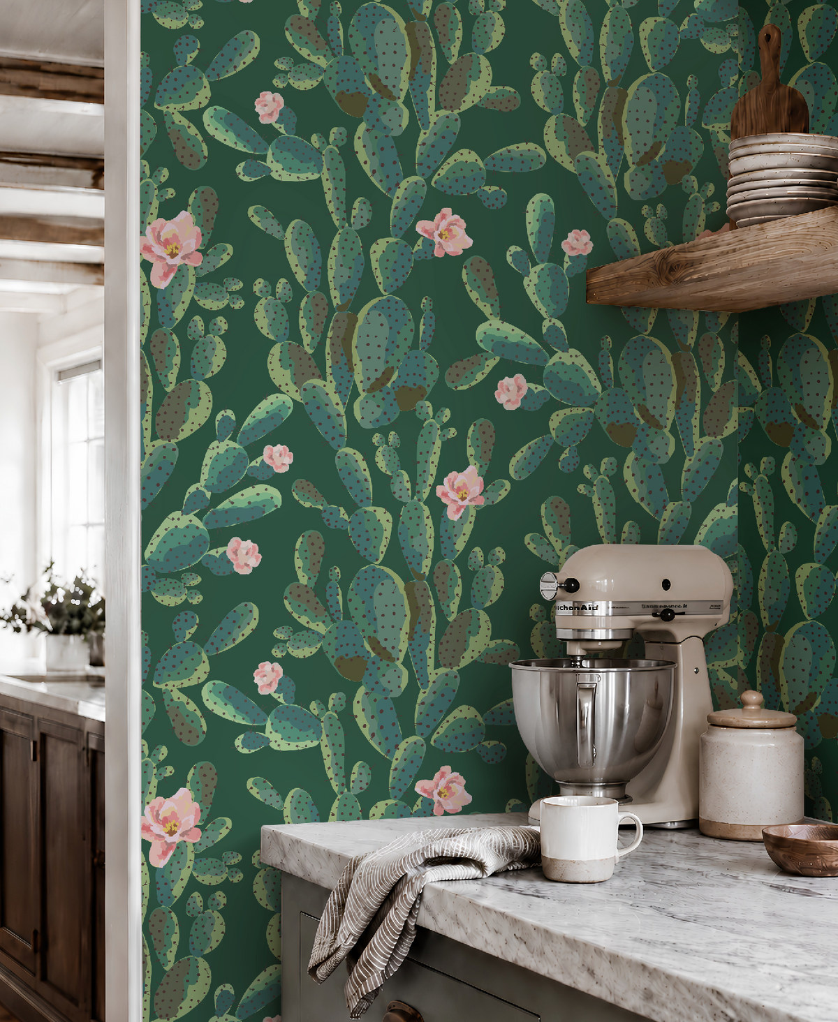 Cactus Trellis in Green Wallpaper, Green Southwestern Peel and Stick Wallpaper, Desert Botanical Wallpaper, Western Wall Decor, Removable Wallpaper