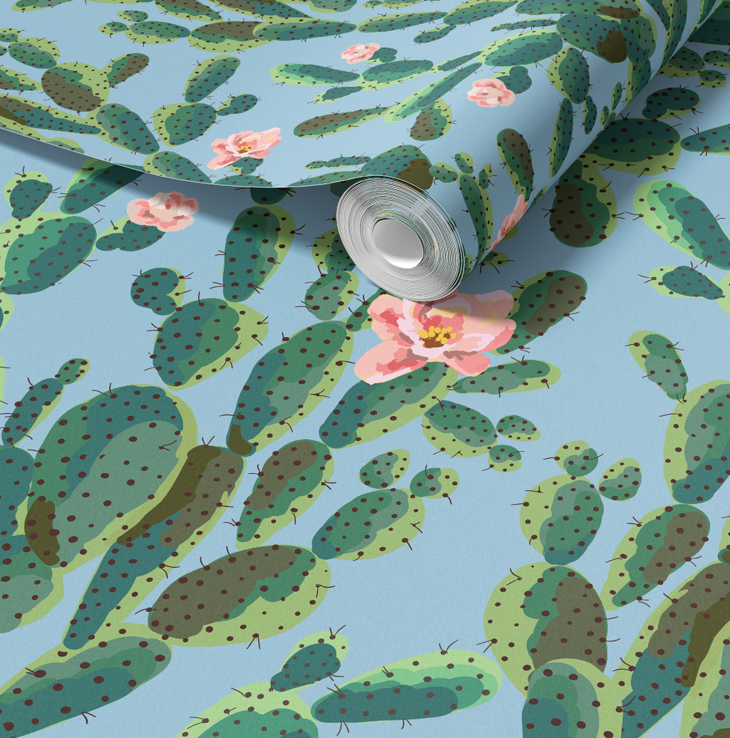Cactus Trellis in Blue Wallpaper, Blue Southwestern Peel and Stick Wallpaper, Desert Botanical Wallpaper, Western Wall Decor, Removable Wallpaper