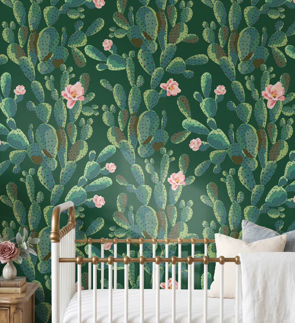 Cactus Trellis in Green Wallpaper, Green Southwestern Peel and Stick Wallpaper, Desert Botanical Wallpaper, Western Wall Decor, Removable Wallpaper