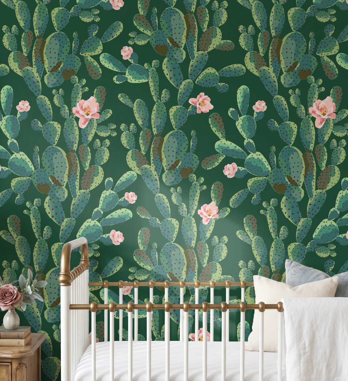 Cactus Trellis in Green Wallpaper, Green Southwestern Peel and Stick Wallpaper, Desert Botanical Wallpaper, Western Wall Decor, Removable Wallpaper