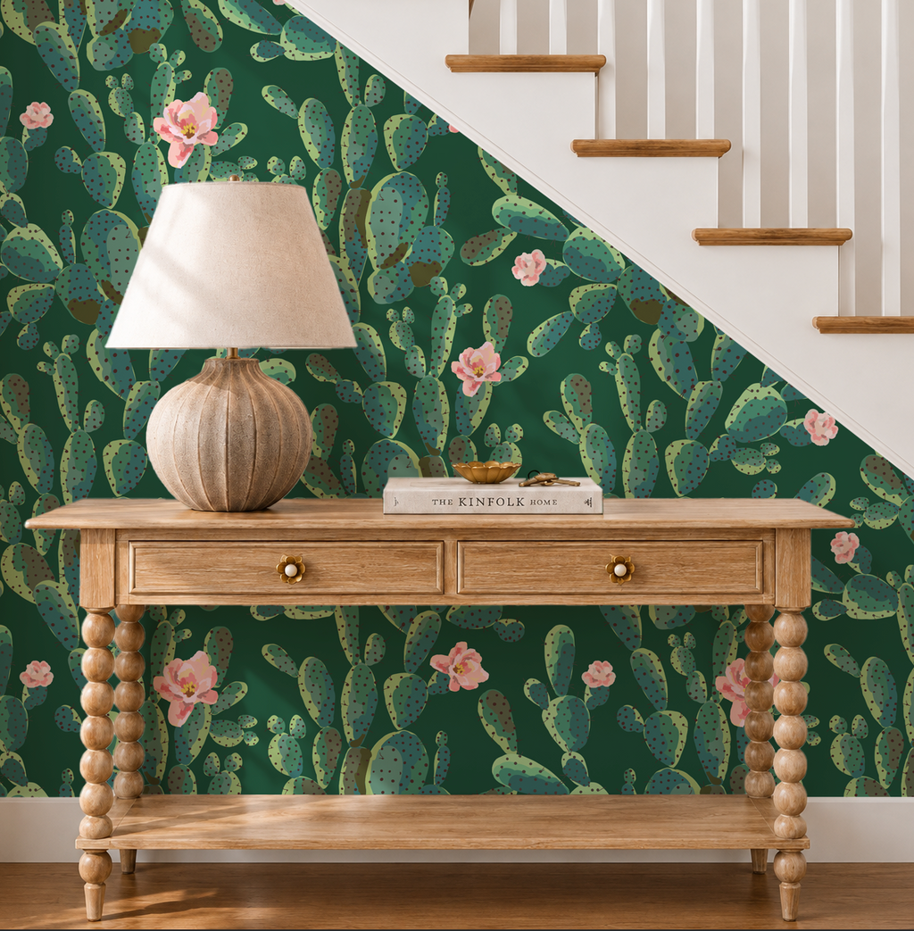 Cactus Trellis in Green Wallpaper, Green Southwestern Peel and Stick Wallpaper, Desert Botanical Wallpaper, Western Wall Decor, Removable Wallpaper
