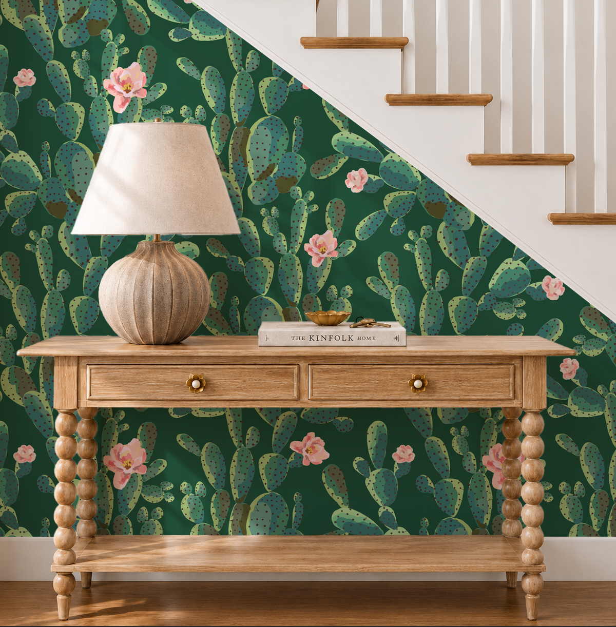 Cactus Trellis in Green Wallpaper, Green Southwestern Peel and Stick Wallpaper, Desert Botanical Wallpaper, Western Wall Decor, Removable Wallpaper