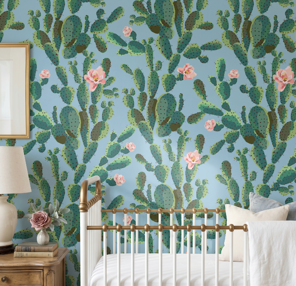 Cactus Trellis in Blue Wallpaper, Blue Southwestern Peel and Stick Wallpaper, Desert Botanical Wallpaper, Western Wall Decor, Removable Wallpaper
