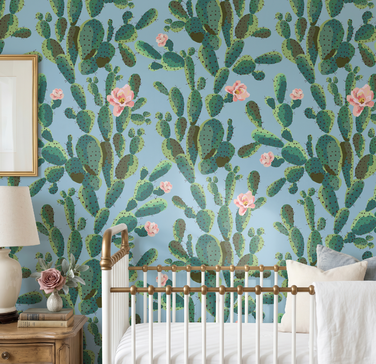Cactus Trellis in Blue Wallpaper, Blue Southwestern Peel and Stick Wallpaper, Desert Botanical Wallpaper, Western Wall Decor, Removable Wallpaper