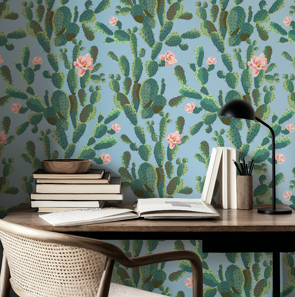 Cactus Trellis in Blue Wallpaper, Blue Southwestern Peel and Stick Wallpaper, Desert Botanical Wallpaper, Western Wall Decor, Removable Wallpaper