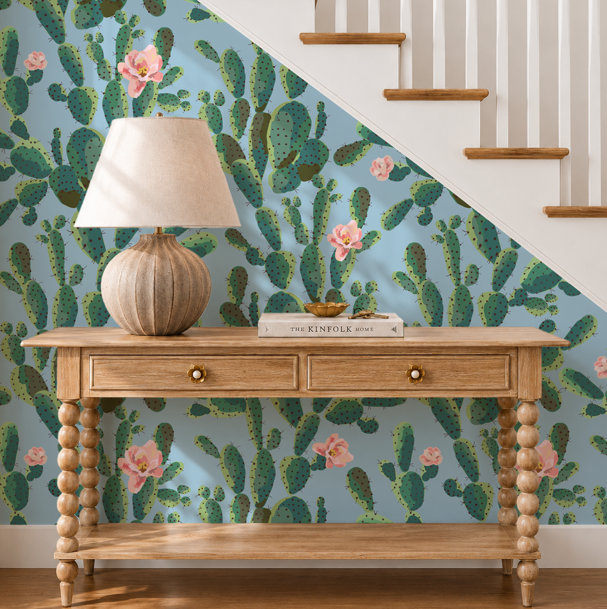 Cactus Trellis in Blue Wallpaper, Blue Southwestern Peel and Stick Wallpaper, Desert Botanical Wallpaper, Western Wall Decor, Removable Wallpaper