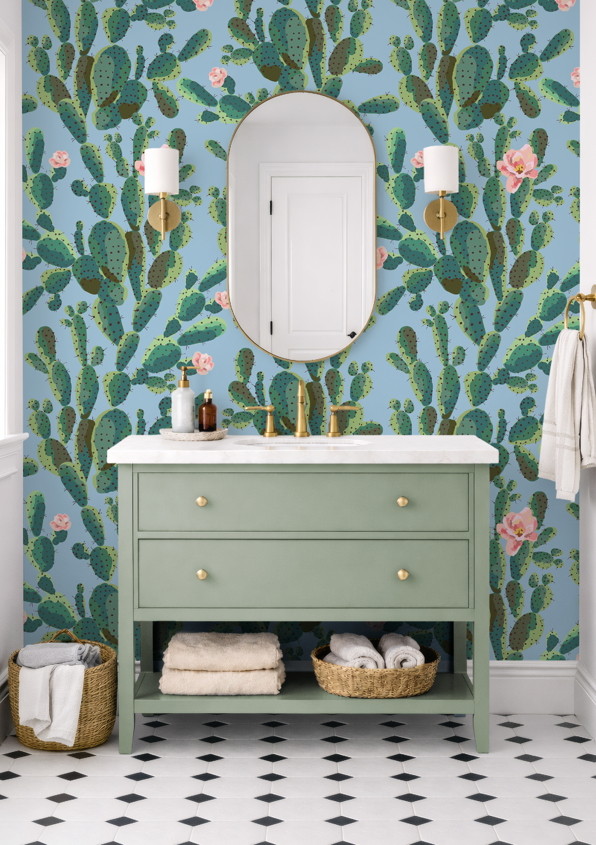 Cactus Trellis in Blue Wallpaper, Blue Southwestern Peel and Stick Wallpaper, Desert Botanical Wallpaper, Western Wall Decor, Removable Wallpaper