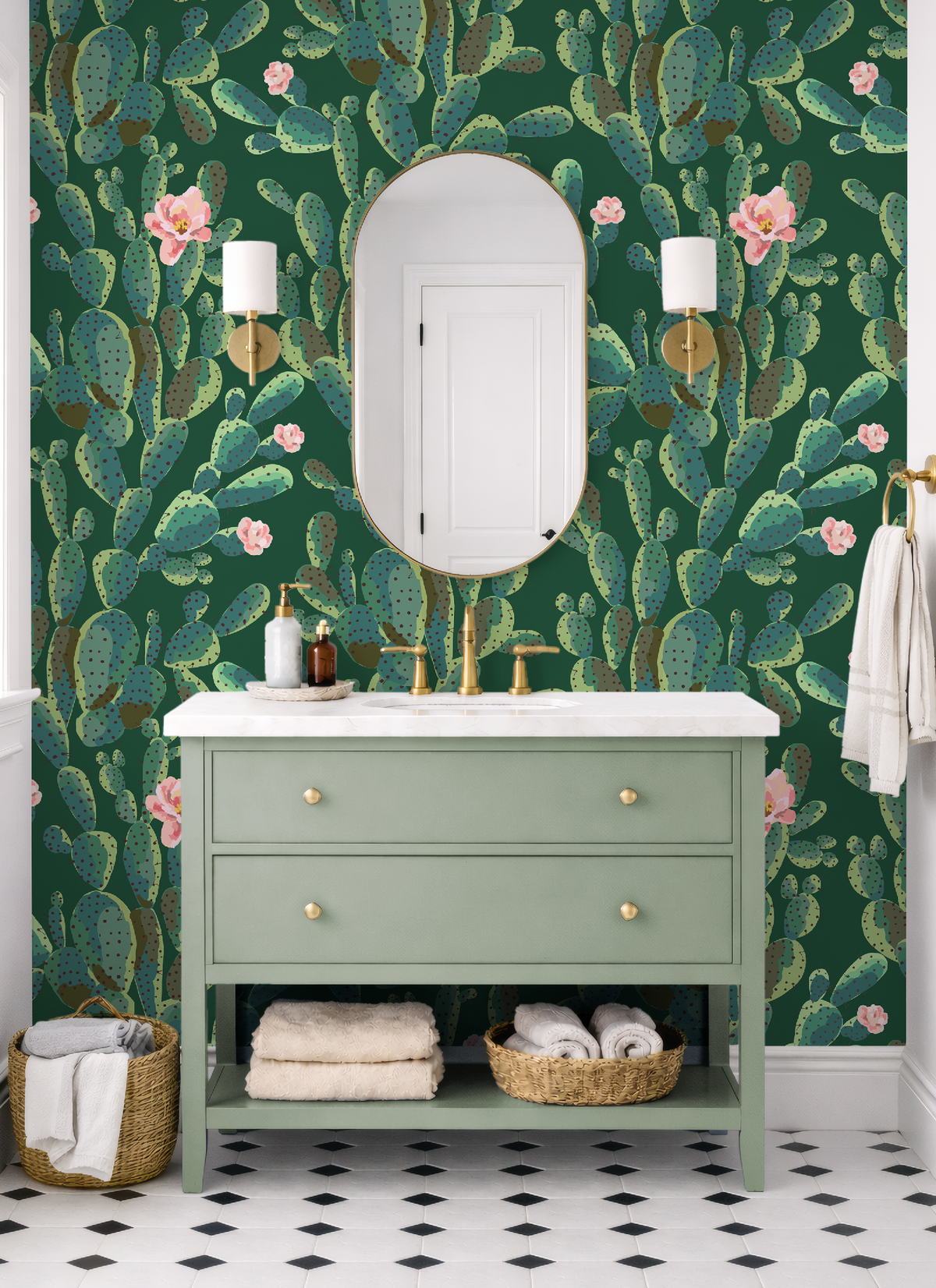 Cactus Trellis in Green Wallpaper, Green Southwestern Peel and Stick Wallpaper, Desert Botanical Wallpaper, Western Wall Decor, Removable Wallpaper