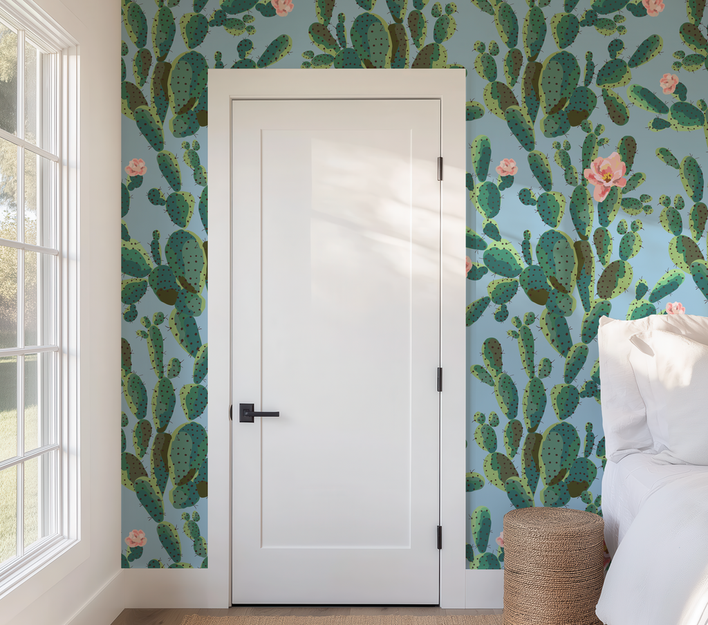 Cactus Trellis in Blue Wallpaper, Blue Southwestern Peel and Stick Wallpaper, Desert Botanical Wallpaper, Western Wall Decor, Removable Wallpaper