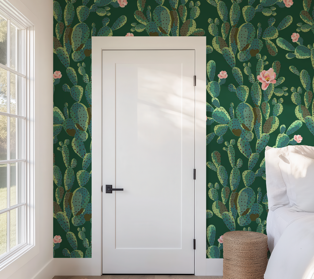 Cactus Trellis in Green Wallpaper, Green Southwestern Peel and Stick Wallpaper, Desert Botanical Wallpaper, Western Wall Decor, Removable Wallpaper