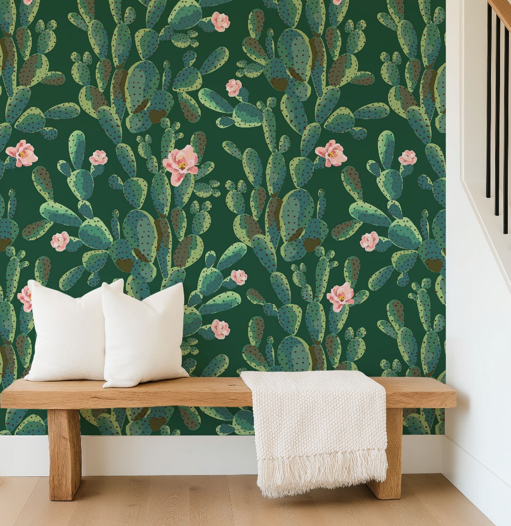 Cactus Trellis in Green Wallpaper, Green Southwestern Peel and Stick Wallpaper, Desert Botanical Wallpaper, Western Wall Decor, Removable Wallpaper