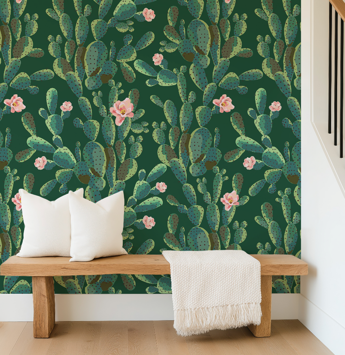 Cactus Trellis in Green Wallpaper, Green Southwestern Peel and Stick Wallpaper, Desert Botanical Wallpaper, Western Wall Decor, Removable Wallpaper