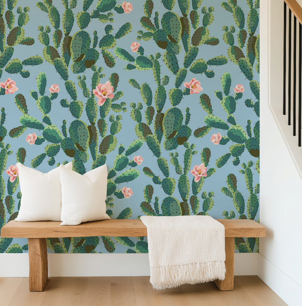 Cactus Trellis in Blue Wallpaper, Blue Southwestern Peel and Stick Wallpaper, Desert Botanical Wallpaper, Western Wall Decor, Removable Wallpaper