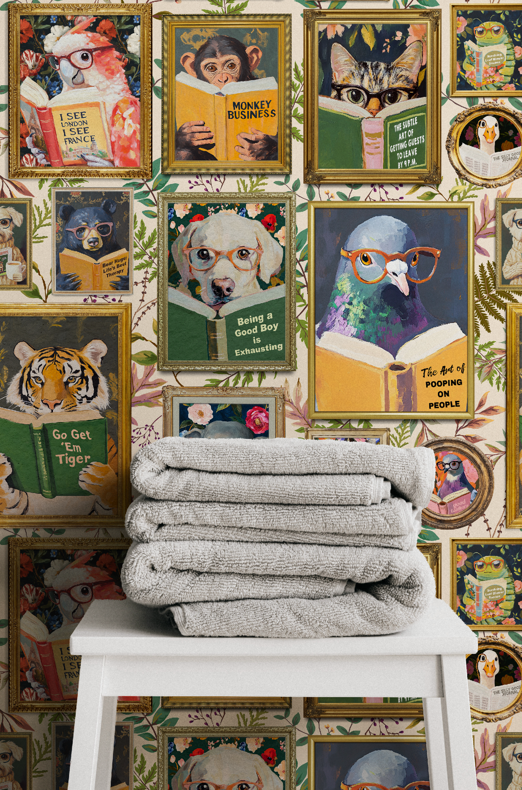 Whimsical Animals Reading Wallpaper - Version 2 - Cabin Florals Ivory