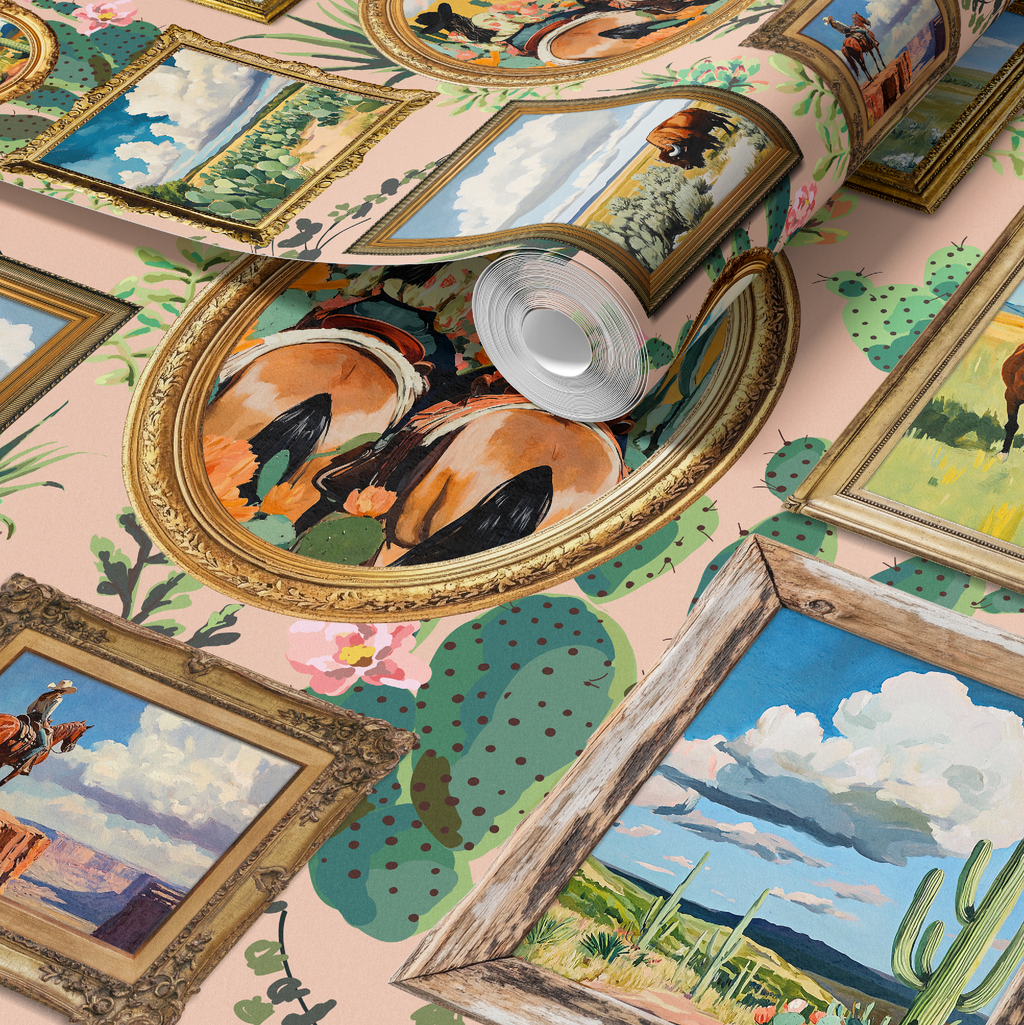 Western Life Cactus in Dusty Coral Wallpaper, Western Cactus Wallpaper, Dusty Coral Peel and Stick Wallpaper, Southwestern Desert Decor, Vintage Cowboy Ranch Removable Wallpaper